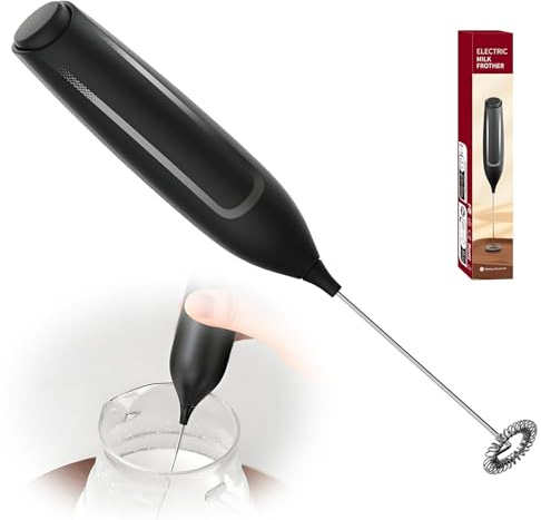 DmDoyy Espumador De Leche, Espumador Leche Electrico con Batidor de Acero Inoxidable, Batidora Leche Espuma Para Capuchino, Café, Matcha (Negro),Alimentado por baterías