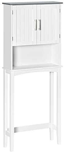 Kleankin Meuble WC avec Dessus de Toilette, Rangement Salle de Bain, Placard à Double Porte, Étagère Réglable et Compartiments Ouverts, 64 x 22 x 165 cm, Blanc