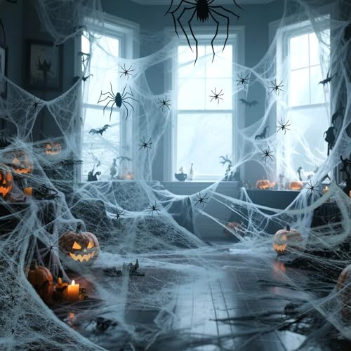Chyaya 100g Halloween Spider Webs Decorations with 30PCS Extra Fake Spiders,Super Stretch Cobwebs Halloween Decorations for Indoor and Outdoor Use,Party Supplies for Garage Door Yard and House