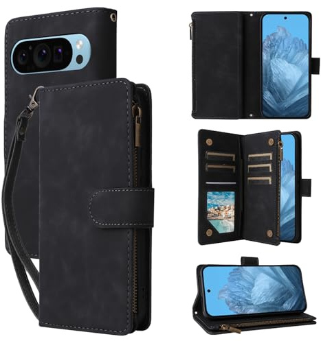 QLTYPRI Schutzhülle für Google Pixel 10/10 Pro, große Kapazität, Leder, Brieftaschenformat, 6 Kartenhalter und 1 Reißverschlussfach, Ständer, Handschlaufe, magnetische Schutzhülle, Schwarz