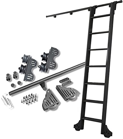 Kit de quincaillerie pour échelle de bibliothèque rétractable de 6,1 m avec rails en acier noir avec roulettes au sol, système de rails coulissants mobiles (poubelle non incluse)