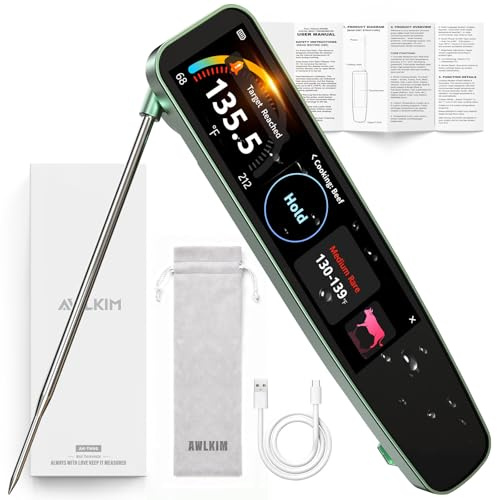 AWLKIM 0.5s Instant Read Smart Meat Thermometer Digital, 3.8″ HD Touchscreen with Temp-OS, Professional Kitchen Food Thermometer for Cooking, Grill, BBQ | ±0.5°F, −58–572°F, IP68, USB-C Rechargeable