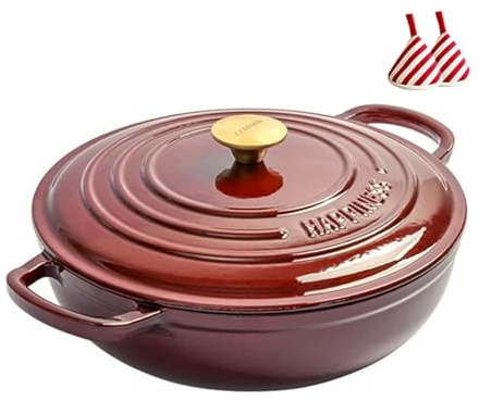 Cocotte Rotonda In Ghisa, Casseruola Bassa Multifunzionale In Ghisa Smaltata Con Coperchio, Robusta Antiaderente Con Coperchio E Morsetto Triangolare Termoisolante, Per La Cottura(Wine Red)