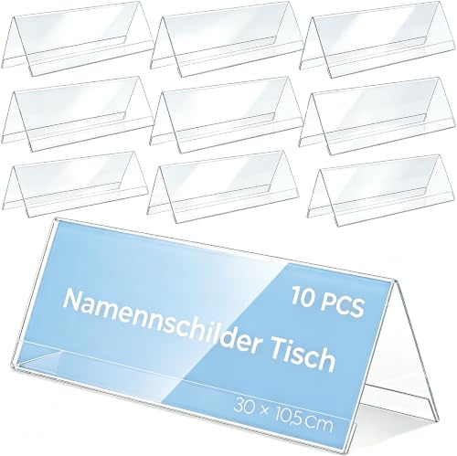 awagas 10 Stück Acryl Namensschilder Tisch, Tischaufsteller 30 × 10,5 cm | Wiederverwendbare Doppelseitiger Tischaufsteller, Dachform Transparent Schilderhalter für Konferenz, Büro, Hochzeit und Laden