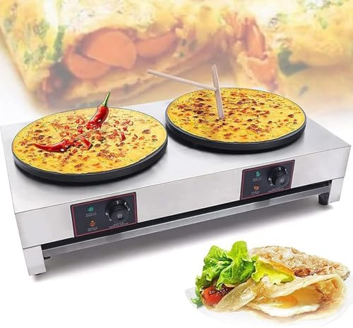 2x3000W kommersiell crêpe-maskin, 16-tums elektrisk crêpe-maskin, elektrisk blintz-maskin med dubbla huvuden, justerbar temperatur 50~300℃, intervall for blintz, crêpes
