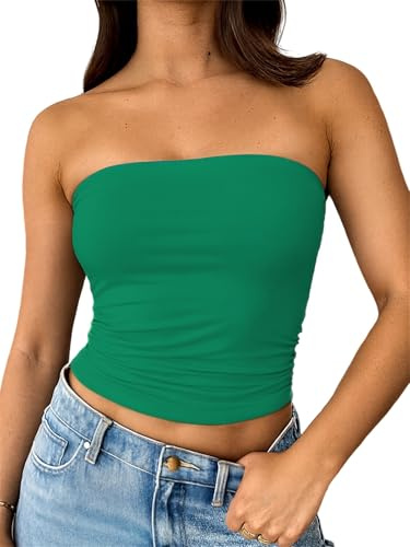 ForeFair Women Strapless Tube Tops Double Lined Ruched Backless Bandeau Going Out Top Basic Tank Tops(S,Green)