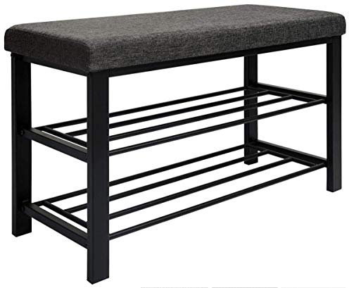 DuneDesign Schuhbank mit Sitzfläche - 81x32x50 Schuhregal Metall - Schuhschrank mit Sitzbank - Schuhkommode Flur Bank mit Stauraum - Schuhsitzbank mit Polster - Kleine Polsterbank für Garderobe Grau
