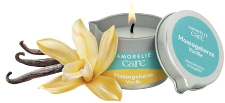AMORELIE Care – Erotische Massagekerze mit Vanille-Duft (50 g) – Sinnliche Massage, Feuchtigkeitsspendend, Ideal für Paare