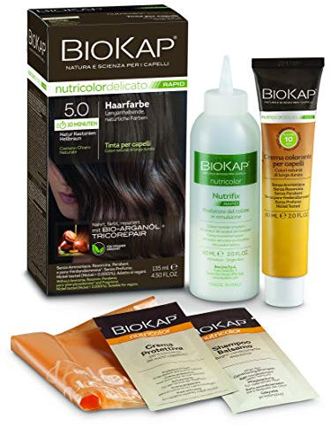 BIOKAP RAPID Permanente Haarfarbe 5.0 Natur Kastanien Hellbraun | NUR 10 MINUTEN EINWIRKZEIT | Bio Arganöl - TricoREPAIR Komplex - VEGAN | Optimale Grauabdeckung | Bis zu 80% natürliche Inhaltsstoffe