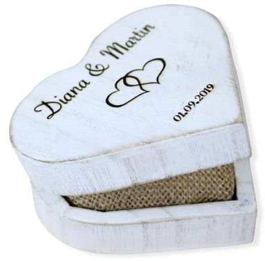 RINGBOX aus HOLZ Herz Vintage Ringkissen mit GRAVUR in Shabby Chic Weiß Rustikale Hochzeit Ringschachtel für Eheringe Ringkästchen Ringschatulle Personalisiert
