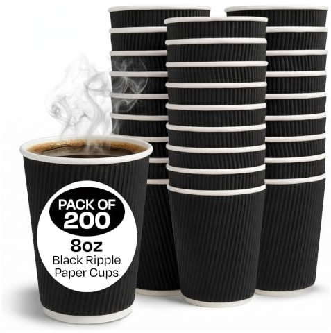 We Can Source It Ltd – 8oz Disposable Kraft Ripple Paper Cups – Insulated Black Paper Cups with 3 Ply Construction – 100% Compostable Recyclable – for Tea, Coffee, Hot Drinks – 200Pc