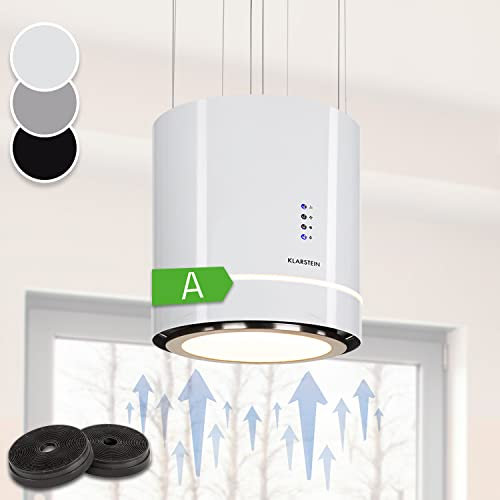 Klarstein Tron Ambience Inselhaube - Dunstabzugshaube Freih?gend, Kronleuchter-Kochinsel, Inselhaube mit Umluft, Dunstabzugshaube zur Deckenmontage, Aktivkohlefilter, 38 cm, Wei