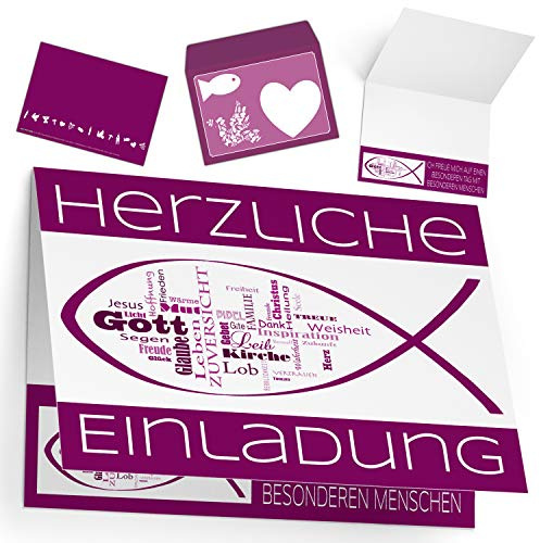 15er Set Einladungskarten Kommunion Konfirmation Taufe mit Umschlag WORTWOLKE - lila Klappkarten für Mädchen Jungen Einladung Karten von BREITENWERK
