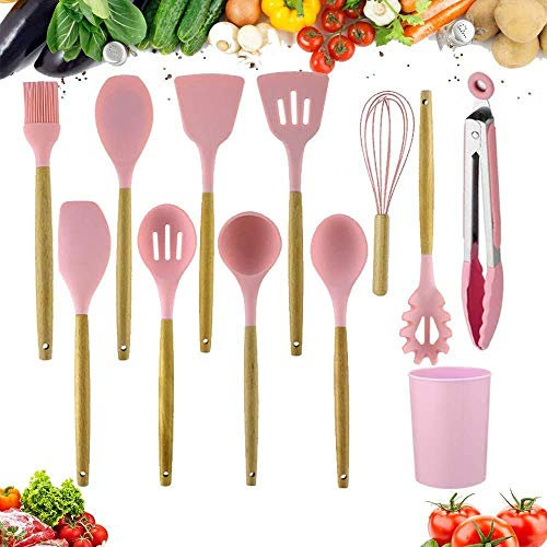 Utensilios De Cocina De Silicona Juego De 12 Piezas Espátula Antiadherente De Barril Utensilios De Cocina Utensilios De Cocina Gadget Set Mango De Madera Sin Bpa De Silicona Rosa