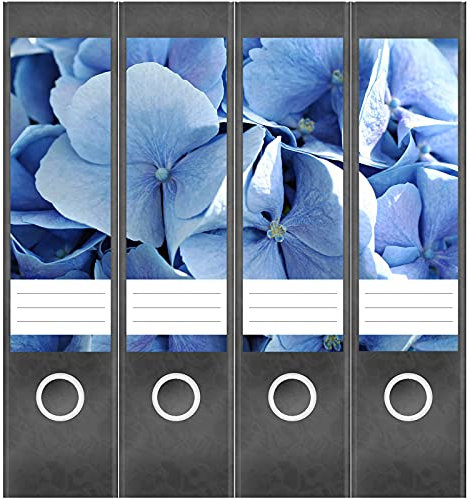 Etiketten für Ordner | Hortensie blau | 4 breite Aufkleber für Ordnerrücken | Selbstklebende Design Ordneretiketten Rückenschilder
