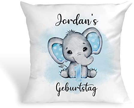 Tachinedas Kreativshop Baby Kissen zum Geburtstag Junge mit Elefant personalisiert mit Name Geschenk