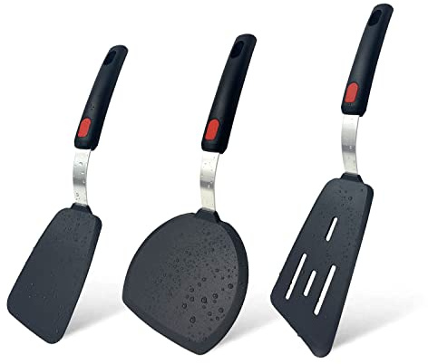 Tenta Tenta Kitchen 3 Pack Flexible Silicone Spatula Turner Set Slotted Fish Spatula-600F Heat Resistant,Wide Slotted Turners Spatulas,Omelet Spatulas for Flipping Eggs,Burgers,Crepes Etc, Grey/Black