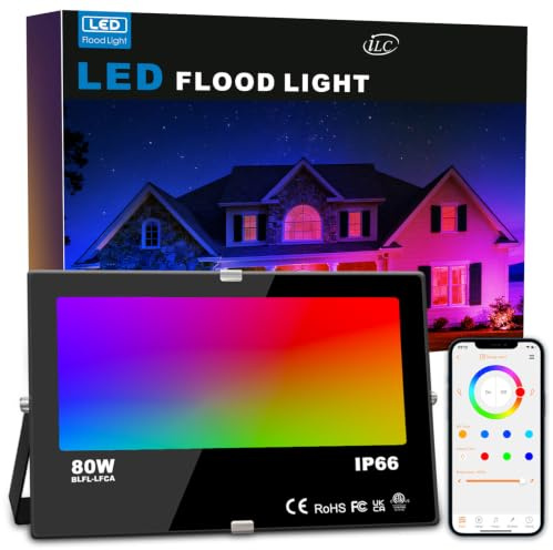 iLC Proyector LED equivalente a 800 W, cambio de color RGB para exteriores, luces de inundación inteligentes RGBW 2700 K blanco cálido y 16 millones de colores, temporización, IP66 impermeable