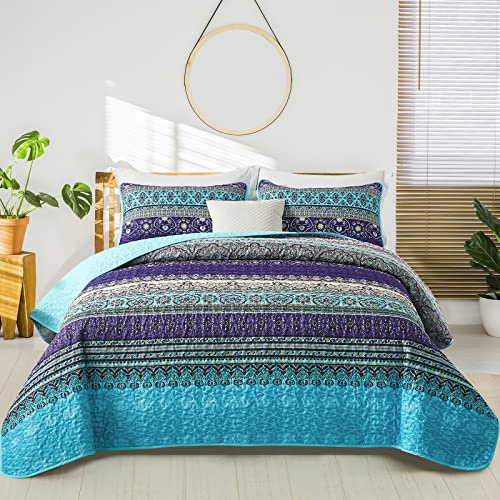 WONGS BEDDING Boho Queen Quilt Set, Blue Purple Bohemian Queen Quilt Bedding Set, Lightweight Microfiber Bed Decor Bedspread for All Season 96x90(3 Pieces)