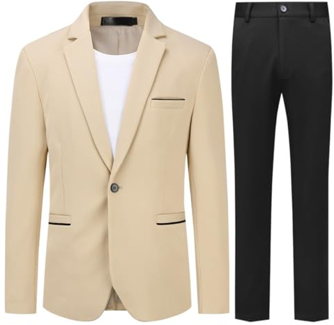 Allthemen Herrklänning 2 st kostym smal passform brudklänning med en elegant knapp, Khaki (Svart Byxor), XXL