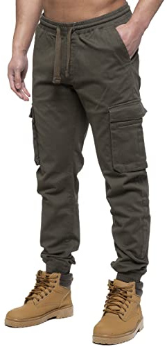 989Zé ENZO Mens Cargo Combat Jeans Elasticated Waist Cuffed Trousers Joggers EZ427 Khaki 32