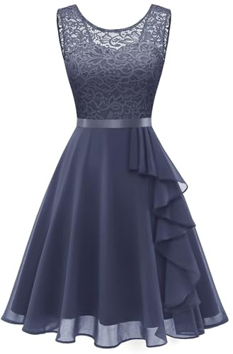 Berylove Damklänning med volangfåll, cocktailklänning, A-linjeskuren spetsklänning, elegant för bröllop, kort aftonklänning, blå, XS