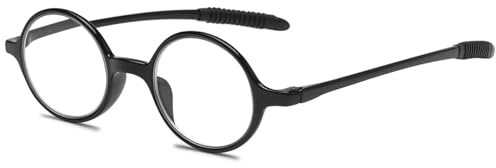 ABETOS Gafas de lectura redondas pequeñas para hombre y mujer, retro, TR90, flexibles, ligeras, de borde completo, mini vintage, ayuda para la lectura, negro brillante, 2,25