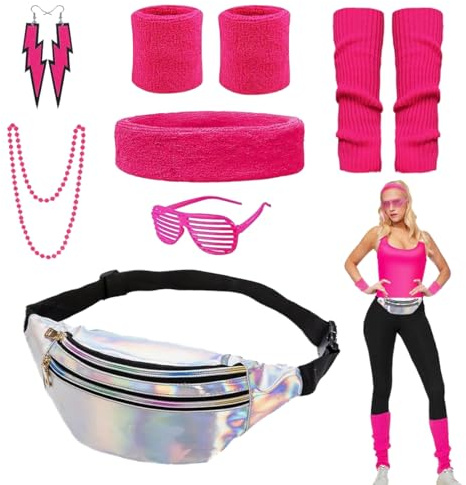 UQTUKO 80er 90er Jahre Outfit Damen, 80er Jahre Kostüm Damen Party Kleidung Accessoires mit Neon Stirnband Armbänder Beinwärmer Bauchtasche Brille Ohrring für Mottoparty Fasching Karneval