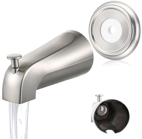 Universal Bathroom Tub Spout with Metal Tub Spout Cover Ring, 5 1/4 Inches Reach Wall Front Mount Faucet with Shower Diverter 1/2 IPS Inside Thread(Brushed Nickel)