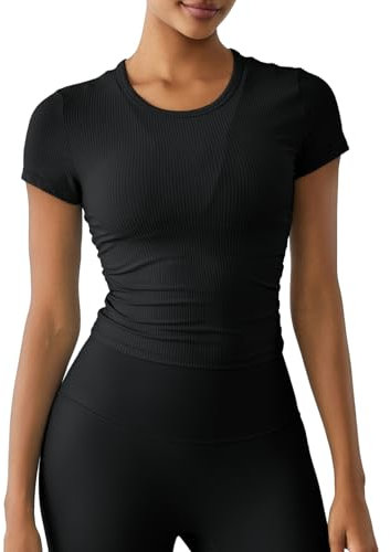 altiland ribbad hög hals träning t-shirt för kvinnor, beskurna atletiska toppar för gym yoga träning löpning, Svart, M