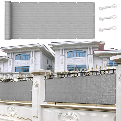 Balkon Sichtschutz Balkonabdeckung 60 x 240 cm Windschutz Sonnenschutz Und Wetterfest Schattierungsnetz inkl Befestigungsseile mit Kabelbinder Ohne Bohren für Gartenanlagen, Camping, Grau