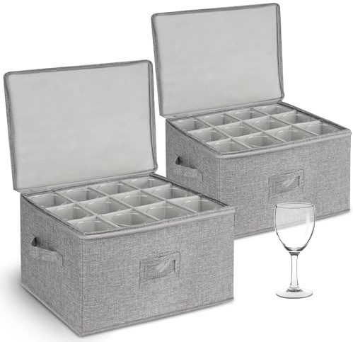 punemi Wine Glass Storage Box, Glassware Storage Containers w/Hard Shell Side Bottom Support & Padded Dividers, Stackable Stemware Storage Case for 24 China Crystal Glasses Drinkware, Moving Supplies