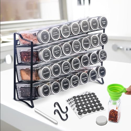 Aoriyar 4 Stöckiges Gewürzregal Stehend & Wand 28 Leere Gewürz Organizer mit Gestell und 432 Gewürzetiketten, Spice Rack Gewürzregal Ohne Bohren für Küchen, Schrank, Speisekammer