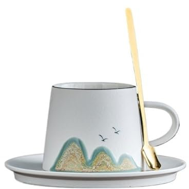 wpenshiDM125 Coffee Cup Hand-Painted Coffee Mug Ceramic Set 200ml Afternoon Tea Latte Mug Household with Spoon Mug Ceramic Tea Mug(White)