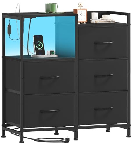 Somdot Chest of Drawers, Charging Station & Led, 5 Fabric Drawers, Black
