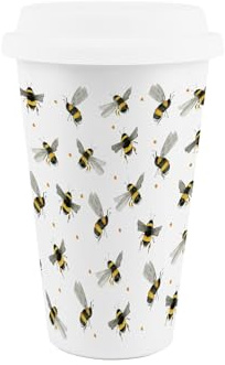 Purely Home Bumblebee Ceramic Travel Mug - Scattered Bees Gifts/Presents - Reusable Silicone Lid Double-Walled Insulated Hot/Cold Drinks Flask Cup