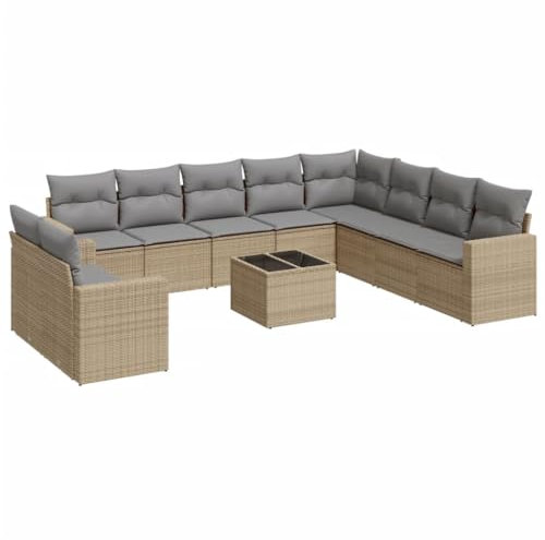 HETFTJN Dining Lounge Outdoor Gartensofa Gartenstühle Küchensofa - 11-TLG. Garten-Sofagarnitur mit Kissen Beige Poly Rattan für Balkon Schwimmbad Speisesaal Terrasse