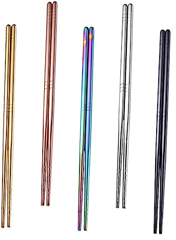 Palillos de Acero Inoxidable 5 Pares, Antideslizantes y Reutilizables | Metal de Colores, para Utensilios de Cocina y Cubiertos de Mesa, Acabado 304 Color Aleatorio