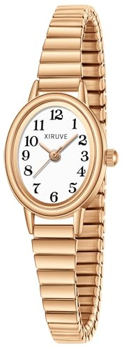 XIRUVE Klein Gut Lesbar Edelstahl Zugarmband Elastisch Armband Damen Analog Quarz Armbanduhr Wasserdicht