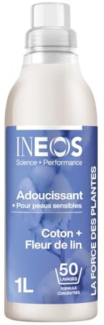 Adoucissant Hypoallergénique INEOS, à 95% à base de plantes, éliminie les bactéries responsable des mauvaises odeurs, Parfum longue durée Coton et Fleurs de Lin, 1L (50 lavages)