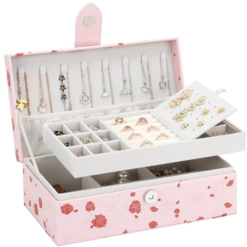 DesignSter Schmuckkästchen für Damen Mädchen, 2 Ebenen Schmuckaufbewahrung Leder, Personalisierte Schmuck Organizer für Ohrringe, Armbänder, Ringe, Halsketten, Rose