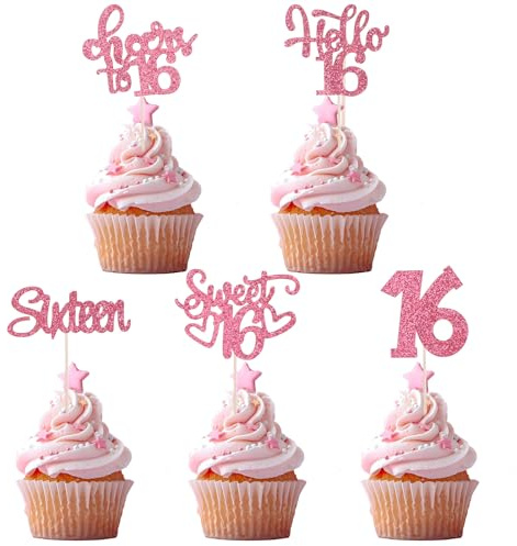 30Pcs Sweet 16 Cake Topper, Sweet Sixteen Party Decorations, Glitter 16th Birthday Party Decorations, Sixteen Happy Birthday Cupcake Picks for 16th Birthday Anniversary Supplies(Pink)