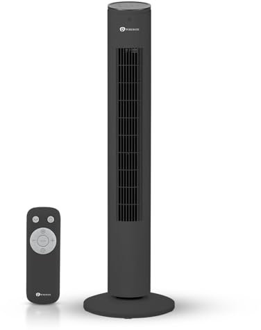 PureMate 43-inch Tower Fan, Oscillating Bladeless Floor Fan with Remote Control, 3 Speeds Setting, 7-Hour Timer, Powerful 40W Electric Standing Fan, Portable Quiet & Ideal for Bedroom