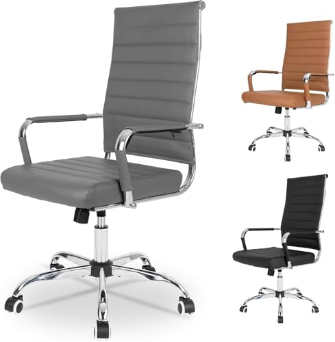 UEV Bürostuhl Ergonomisch aus Kunstleder Drehstuhl Grau | Schreibtischstuhl mit Armlehne Office Chair S-förmige Lendenwirbelstütze gepolsterter Sitz höhenverstellbar aus Kunstleder