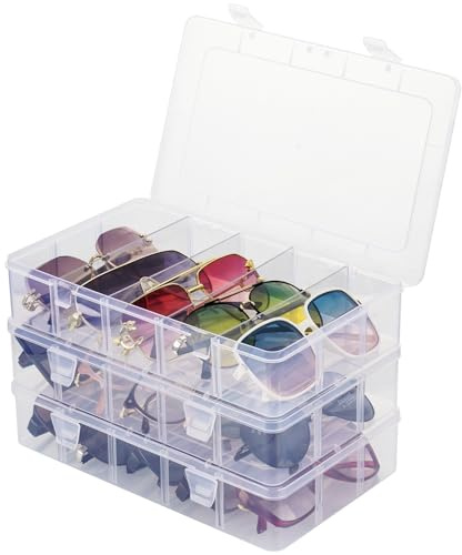 NiHome 3-Pack Plastic Eyeglass Cases – Stapelbare Brillenbox aus klarem Kunststoff mit herausnehmbaren Trennwänden, Brillen Aufbewahrungsbox für mehrere Sonnenbrillen, Platz für bis zu 18 Brillen