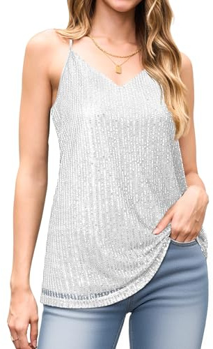 WNEEDU Débardeur sans Manches à Paillettes Scintillantes pour Femme Sexy Col en V Gilets pour Mode décontracté Haut Tops T-Shirt Argent 2XL