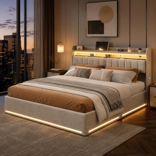WOBOPCG Polsterbett Cama doble 140x200 cm, cama con almacenamiento hidráulico LED con puerto de carga, cama funcional con mesita de noche con función de carga, cama con almacenamiento, boxspring (Gris