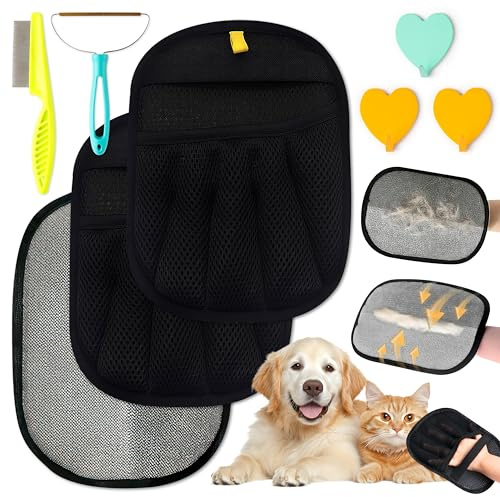 PANTIDE Tierhaarentferner Handschuh Set – 8 Stück Atmungsaktiv Fusselhandschuh für Katze Hund mit Elektrostatischen Handschuhen Haken Tierhaare Pflegebürste für Teppich Sofa Möbel Autositz Kleidung