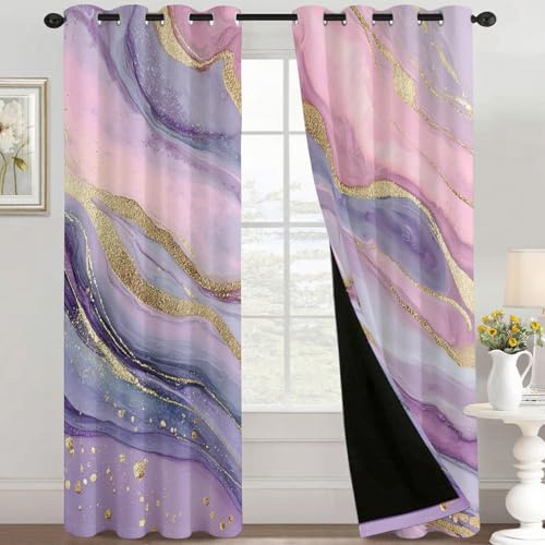Generisch Lila Marmor Vorhänge Blickdicht mit Ösen, Fenster Thermo Gardinen Rosa Gold Abstrakt Muster Schlafzimmer Wohnzimmer Deko, Verdunkelungsvorhänge 2er Set H220 x B140 A&30