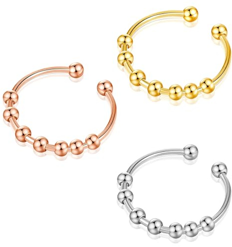 Sekfpnk 3 Stück Anti Stress Ring, Edelstahl Anxiety Ring Mit Runde Perlen Geeignet für Fingerringe, Damenschmuck, für Die Meisten Menschen Geeignet